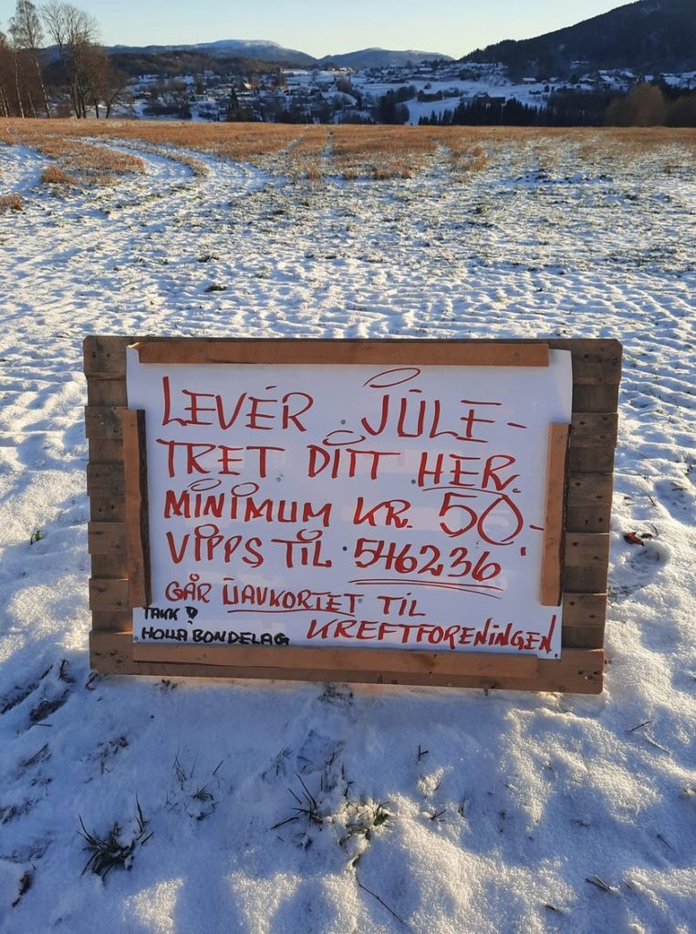 Det er satt opp skilt på jordet ved Holla Gård.