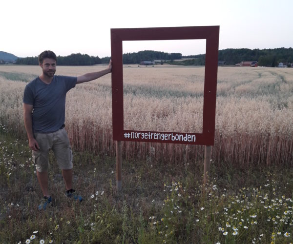 Våle Bondelag har også satt opp flotte rammer flere steder.  Her er lokallagsleder Svein Ivar Ånestad ved ramme langs Bispeveien