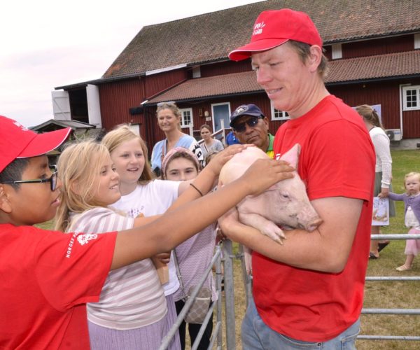 Det å få klappe dyr er i grunnen populært for alle aldre! Her holder Lars Mangelrød opp en gris som gjerne vil klappes.  Foto Olav Nordheim